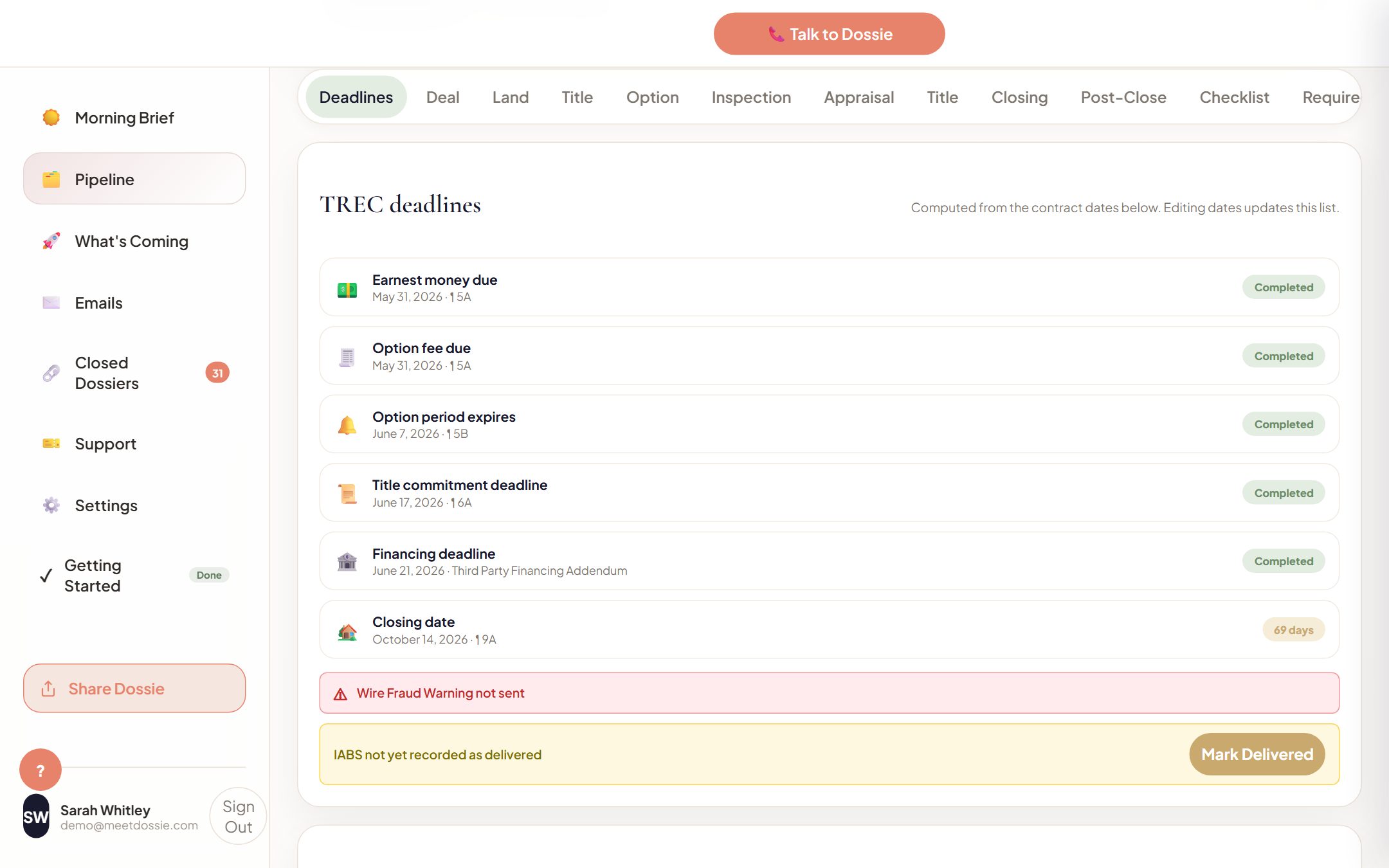 Dossie tracking TREC deadlines computed automatically from contract dates