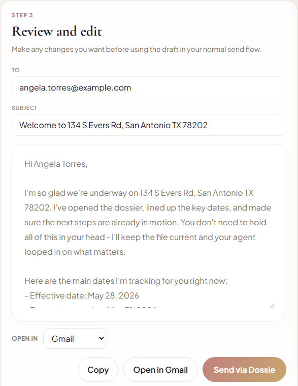 Dossie's email draft review panel, pre-filled with a welcome email for a buyer including property address and key contract dates
