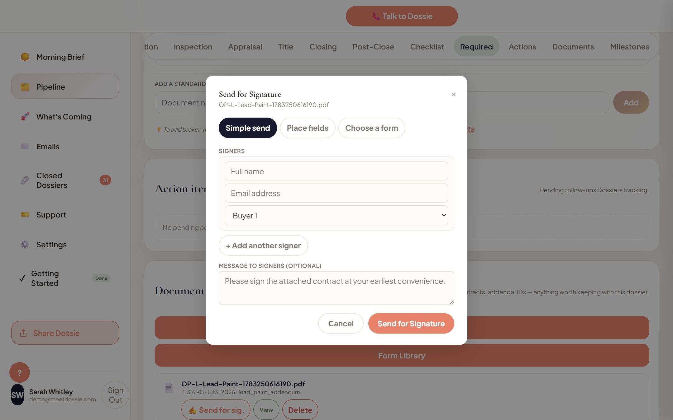 Sending a document for e-signature directly from Dossie
