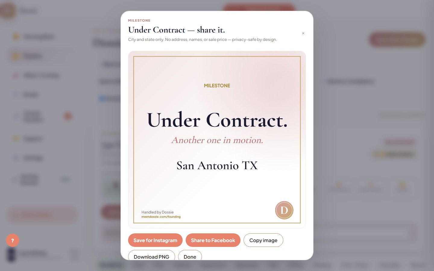 Dossie's shareable closing milestone card, generated automatically the moment a dossier moves to Under Contract