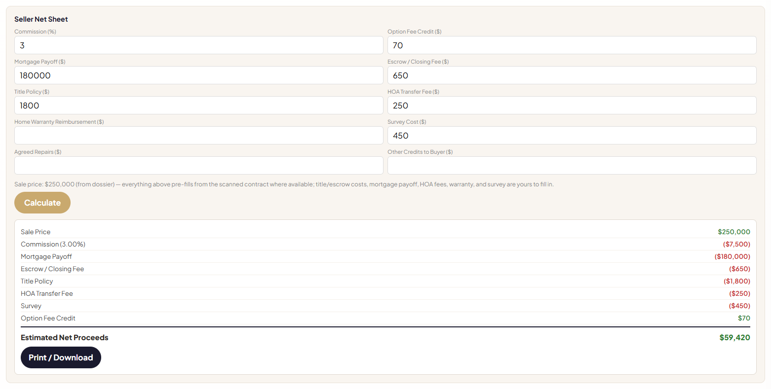 Dossie's Seller Net Sheet panel showing a full deduction breakdown and estimated net proceeds
