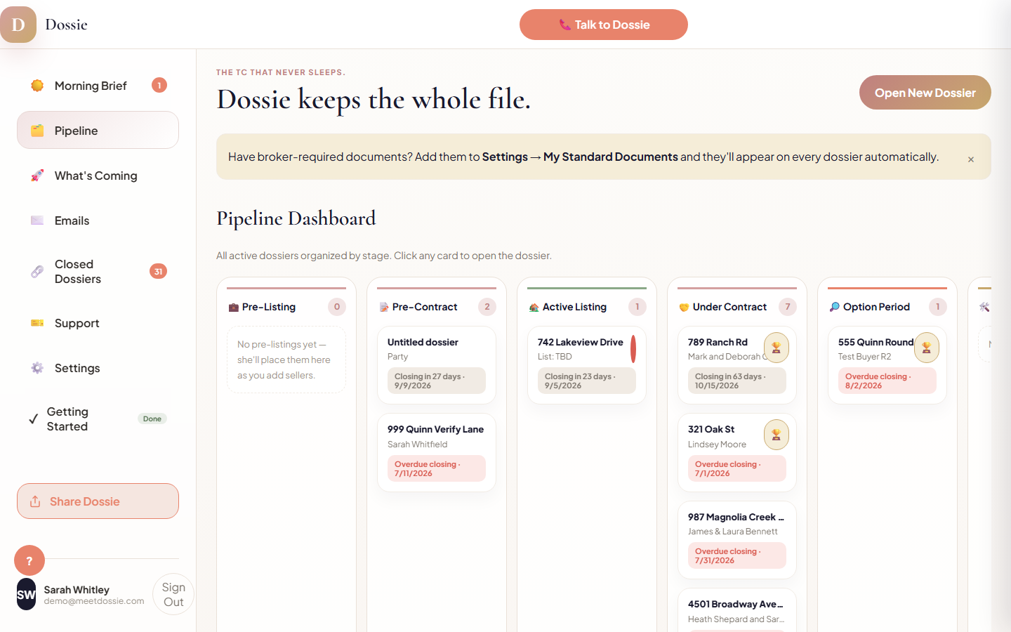 Dossie's Pipeline Dashboard showing active dossiers organized into columns by transaction stage, with overdue closings flagged in red